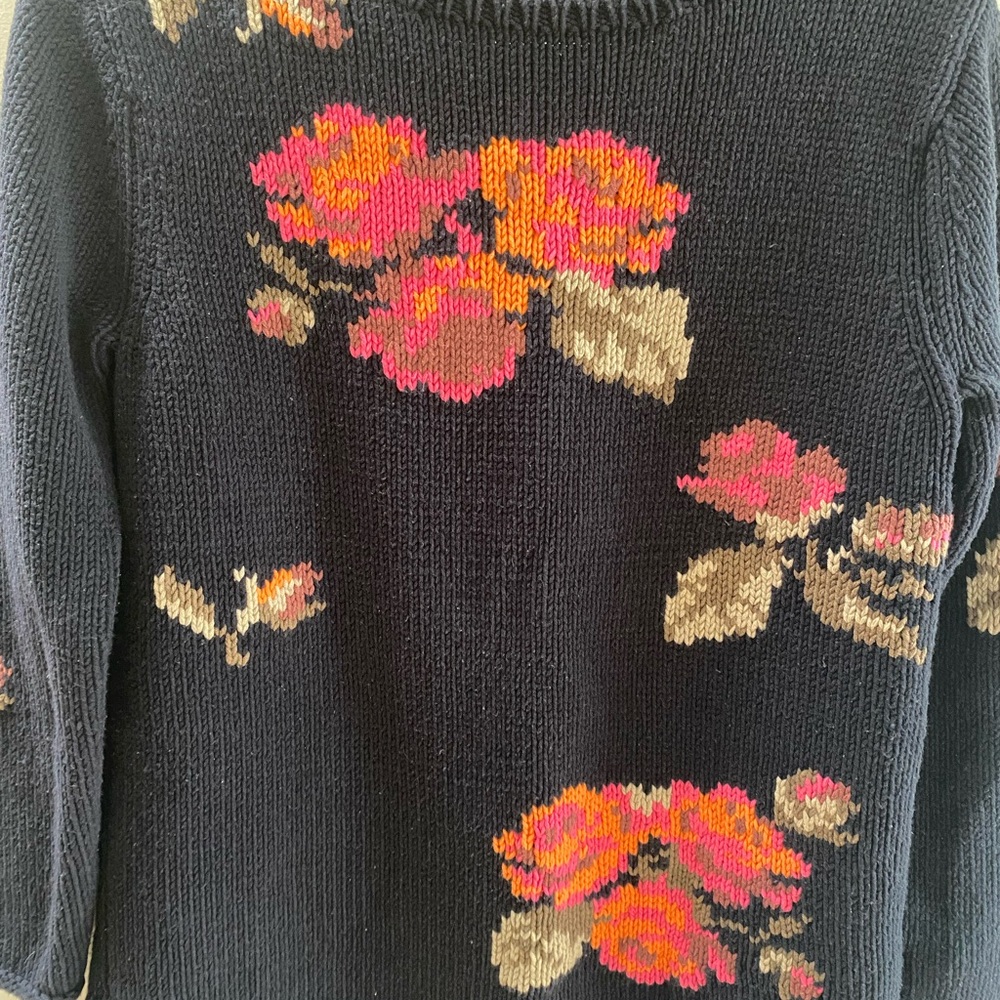 Elegant Floral Women's Sweater - Black with Pink and Orange Details